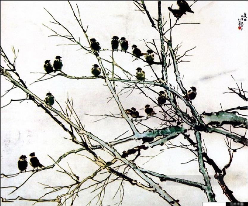 徐北紅の鳥の枝に古い中国油絵